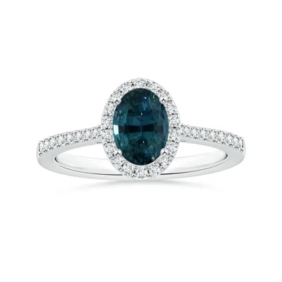 Angara Gia Certified Oval Teal Sapphire Reverse Tapered Ring With Halo In Blue