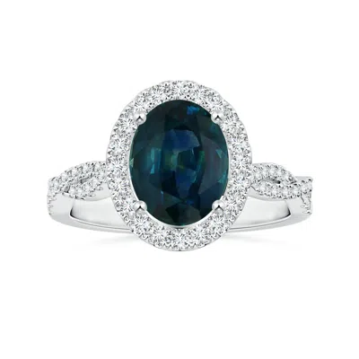 Angara Gia Certified Oval Teal Sapphire Twisted Diamond Shank Ring With Halo In Blue