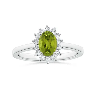 Angara Gia Certified Princess Diana Inspired Oval Peridot Reverse Tapered Ring With Halo In Green