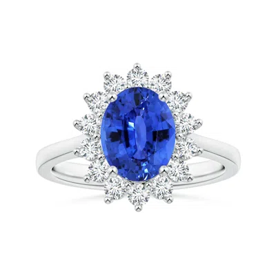 Angara Gia Certified Princess Diana Inspired Oval Sapphire Reverse Tapered Shank Ring With Halo In Metallic