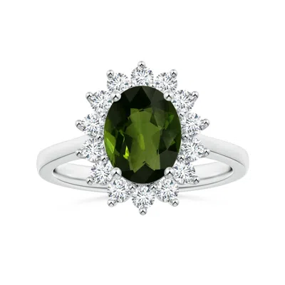 Angara Gia Certified Princess Diana Inspired Oval Tourmaline Reverse Tapered Shank Ring With Halo In Green