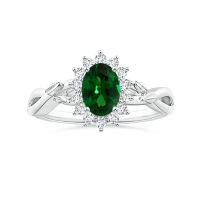 Angara Gia Certified Princess Diana Inspired Oval Tsavorite Ring With Floral Halo In Metallic