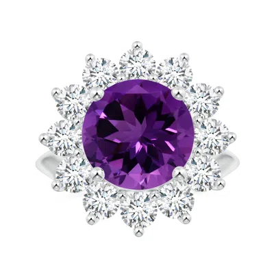 Angara Gia Certified Princess Diana Inspired Round Amethyst Knife-edge Ring With Halo In Purple