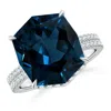 Angara Gia Certified Rectangular Cushion London Blue Topaz Hidden Halo Cocktail Ring In White Gold/deep Greenish Blue