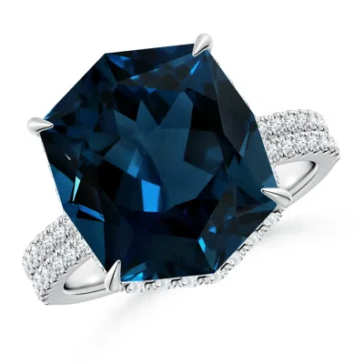 Angara Gia Certified Rectangular Cushion London Blue Topaz Hidden Halo Cocktail Ring