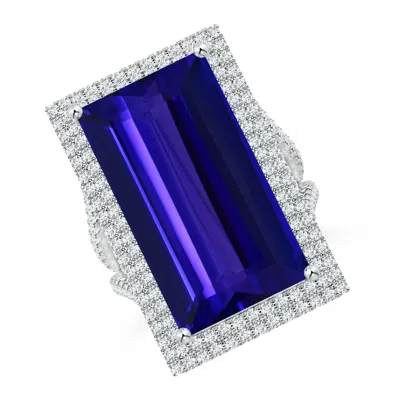 Angara Gia Certified Rectangular Tanzanite Double Halo Split Shank Ring In Blue