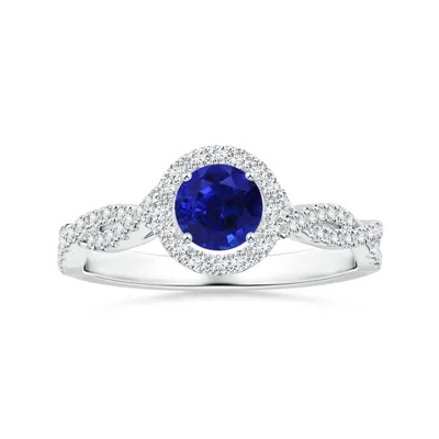 Angara Gia Certified Round Blue Sapphire Halo Ring With Diamond Twist Shank