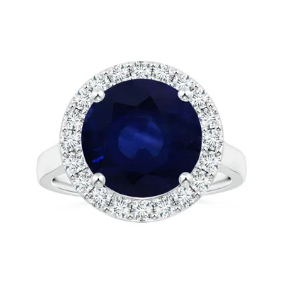 Angara Gia Certified Round Blue Sapphire Ring With Single Diamond Halo In Metallic