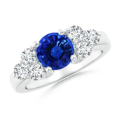Angara Gia Certified Round Blue Sapphire Ring With Trio Diamonds In Metallic