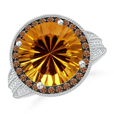 Angara Gia Certified Round Citrine Ring With Coffee Diamond Halo In Orange