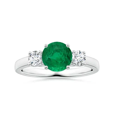 Angara Gia Certified Round Emerald Three Stone Ring With Diamonds In Green