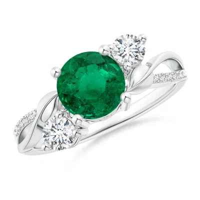Angara Gia Certified Round Emerald Twisted Vine Ring With Diamonds In Green