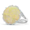 Angara Gia Certified Round Opal Ring With Floral Halo With Dangling Diamonds In White Gold/milky With Medium Play Of Colour