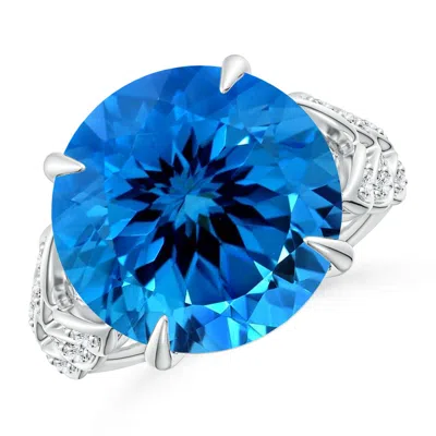 Angara Gia Certified Round Swiss Blue Topaz Ring With Diamond Leaf Motifs