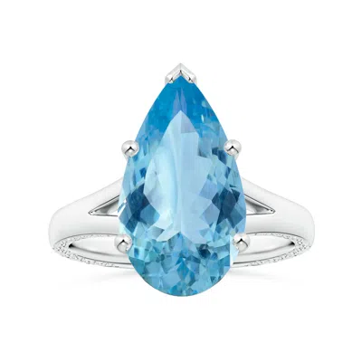Angara Gia Certified Solitaire Pear-shaped Aquamarine Split Shank Ring With Scrollwork In Blue