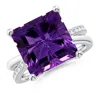 Angara Gia Certified Square Amethyst Crossover Shank Ring With Diamonds In White Gold/dark Purple