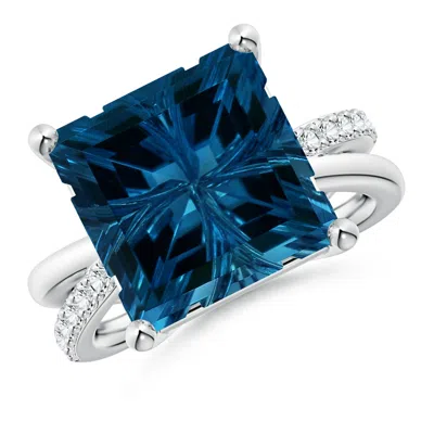 Angara Gia Certified Square London Blue Topaz Crossover Shank Ring With Diamonds