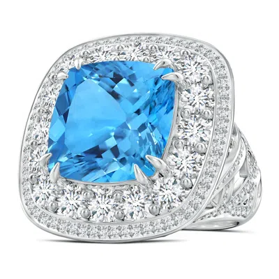 Angara Gia Certified Swiss Blue Topaz Double Halo Criss Cross Ring - 16.7 Ct Tw In Metallic