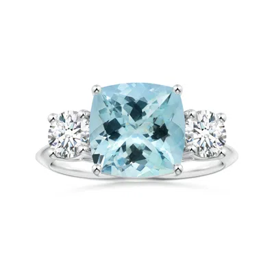 Angara Gia Certified Three Stone Cushion Aquamarine Knife-edge Ring With Diamonds In Metallic