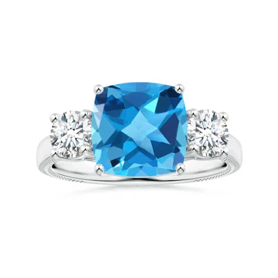 Angara Gia Certified Three Stone Cushion Swiss Blue Topaz Leaf Ring