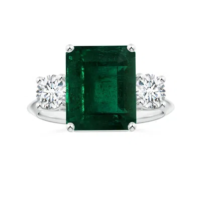 Angara Gia Certified Three Stone Emerald-cut Emerald Knife-edge Shank Ring With Diamonds In Green