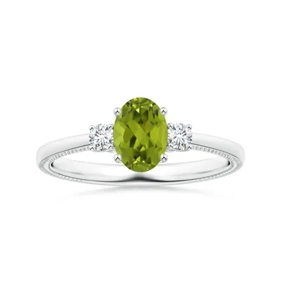 Angara Gia Certified Three Stone Oval Peridot Reverse Tapered Shank Ring With Leaf Motifs In Green