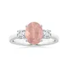 Angara Gia Certified Three Stone Oval Rose Quartz Reverse Tapered Shank Ring With Leaf Motifs In White Gold/medium-dark Pink