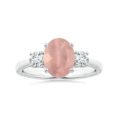 Angara Gia Certified Three Stone Oval Rose Quartz Reverse Tapered Shank Ring With Leaf Motifs In Pink