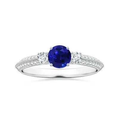 Angara Gia Certified Three Stone Sapphire Knife-edged Shank Ring With Milgrain In Blue