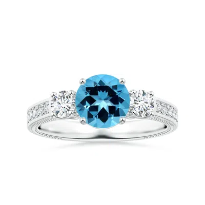 Angara Gia Certified Three Stone Swiss Blue Topaz Leaf Ring With Diamonds