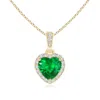 Angara Heart Emerald Pendant With Diamond Halo In Yellow Gold/rich Medium Green