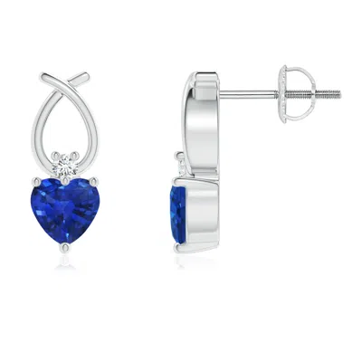 Angara Heart Shaped Blue Sapphire Ribbon Earrings With Diamond