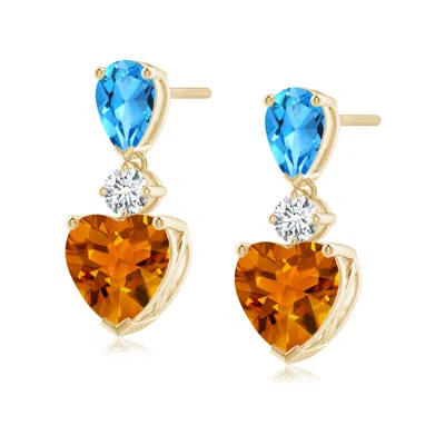 Angara Heart-shaped Citrine And Pear-shaped Swiss Blue Topaz Earrings In Multi