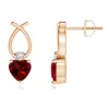 Angara Heart Shaped Garnet Ribbon Earrings With Diamond In Rose Gold/medium Red