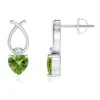 Angara Heart Shaped Peridot Ribbon Earrings With Diamond In White Gold/yellowish Green
