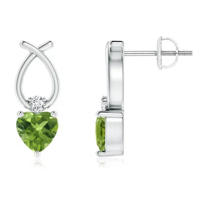 Angara Heart Shaped Peridot Ribbon Earrings With Diamond In Green