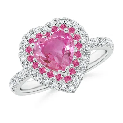 Angara Heart-shaped Pink Sapphire Two Tone Ring With Double Halo In Metallic