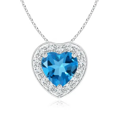 Angara Heart-shaped Swiss Blue Topaz Pendant With Diamond Halo In Metallic