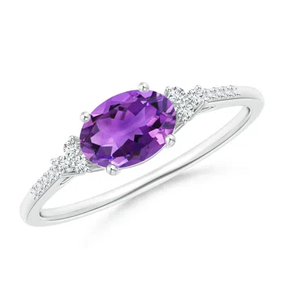 Angara Horizontally Set Oval Amethyst Solitaire Ring With Trio Diamond Accents In Purple