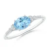 Angara Horizontally Set Oval Aquamarine Solitaire Ring With Trio Diamond Accents In White Gold/swiss Blue