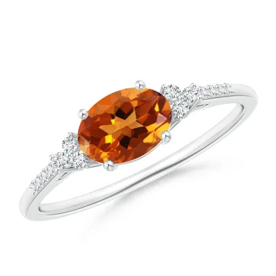 Angara Horizontally Set Oval Citrine Ring With Trio Diamonds In Metallic