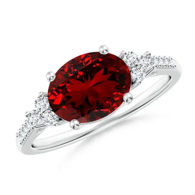 Angara Horizontally Set Oval Lab-grown Ruby Solitaire Engagement Ring With Trio Diamond Accents In Metallic