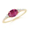 Angara Horizontally Set Oval Pink Tourmaline Solitaire Ring With Trio Diamond Accents In Yellow Gold/rich Pink