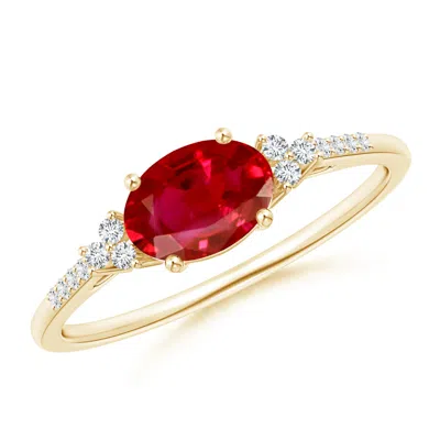 Angara Horizontally Set Oval Ruby Solitaire Engagement Ring With Trio Diamond Accents In Gold