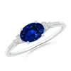 Angara Horizontally Set Oval Sapphire Solitaire Ring With Trio Diamond Accents In Platinum/deep Rich Blue