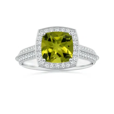 Angara Knife-edge Shank Gia Certified Cushion Peridot Halo Ring In Green