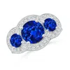 Angara Lab-grown Aeon Vintage Inspired Blue Sapphire Halo Three Stone Engagement Ring With Milgrain In White Gold/deep Rich Blue