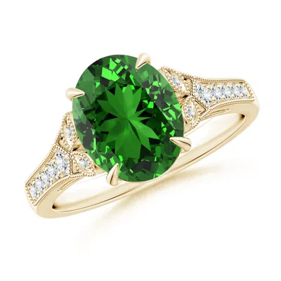 Angara Lab-grown Aeon Vintage Inspired Oval Emerald Solitaire Engagement Ring With Milgrain In Gold