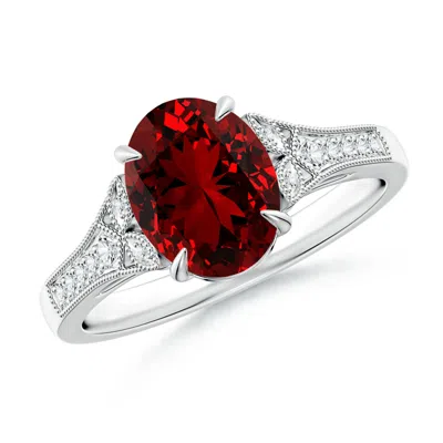 Angara Lab-grown Aeon Vintage Inspired Oval Ruby Solitaire Engagement Ring With Milgrain In Green