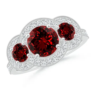Angara Lab-grown Aeon Vintage Inspired Ruby Halo Three Stone Engagement Ring With Milgrain In Metallic